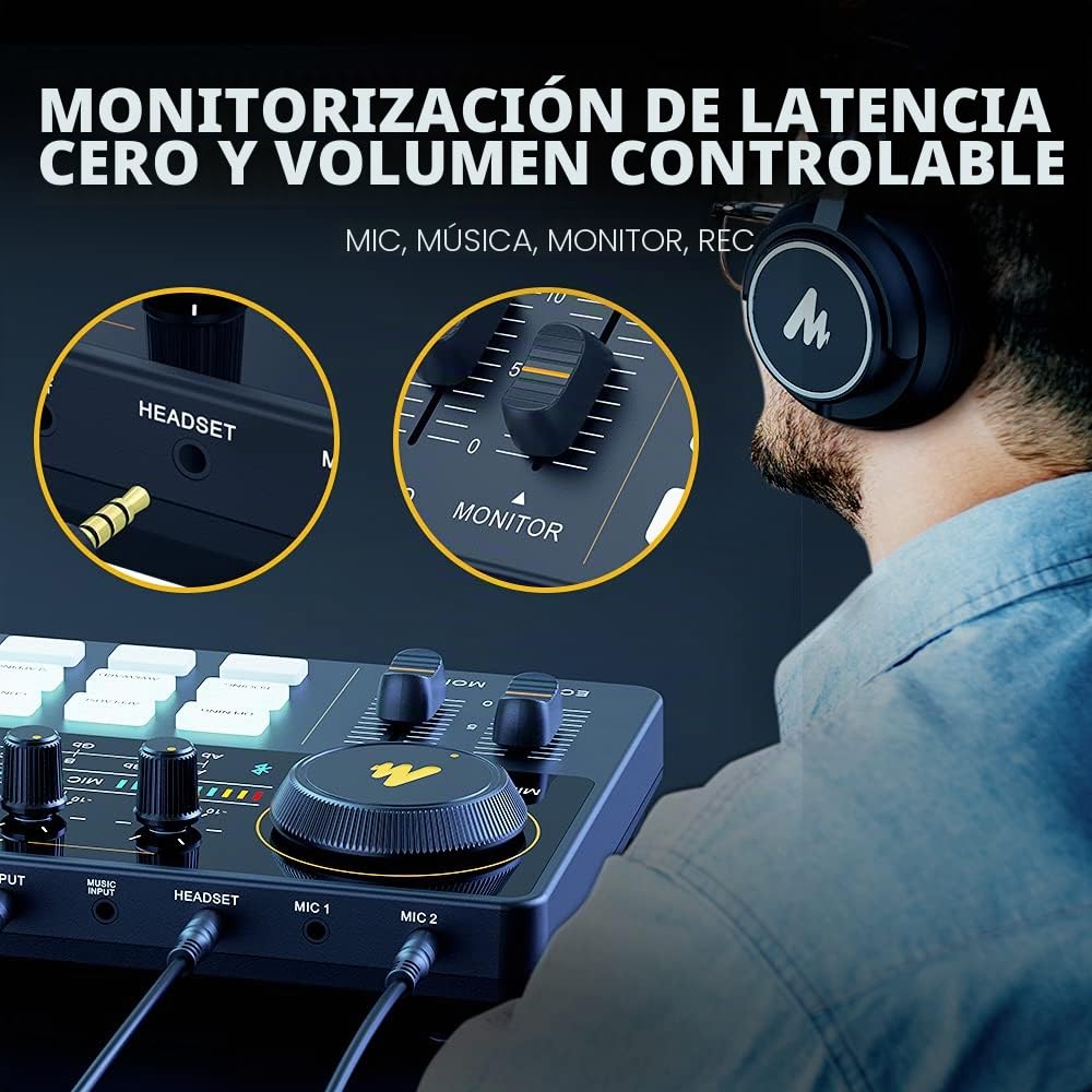 Maono Interfaz Audio con Mesa de Mezclas, Mezclador DJ Maonocaster Todo en Uno Podcast Studio kit con Micrófono de Diafragma Grande de 25 mm para Streaming, Podcast, y Youtube, PC, moviles(AM200-S6)