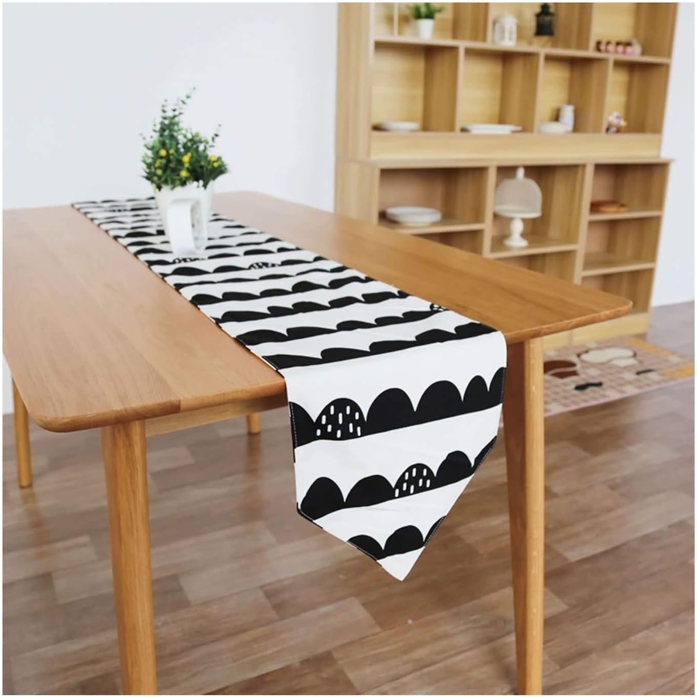 Autumn Table Runner Rectangle,30x200CM,Geometric Semicircle Table Runner Decoration Cotton,Home Decor Table Runner Black White