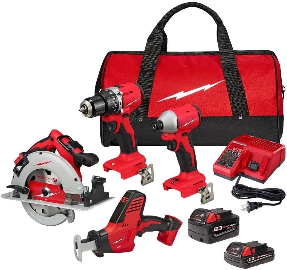 3693-24CX Cordless Combo Kit for Milwaukee M18 18V 4-Tool Combo Kit 2625-20 Reciprocating Saw 2631-20 Circular Saw 3602-20 Hammer Drill 3651-20 Impact Driver