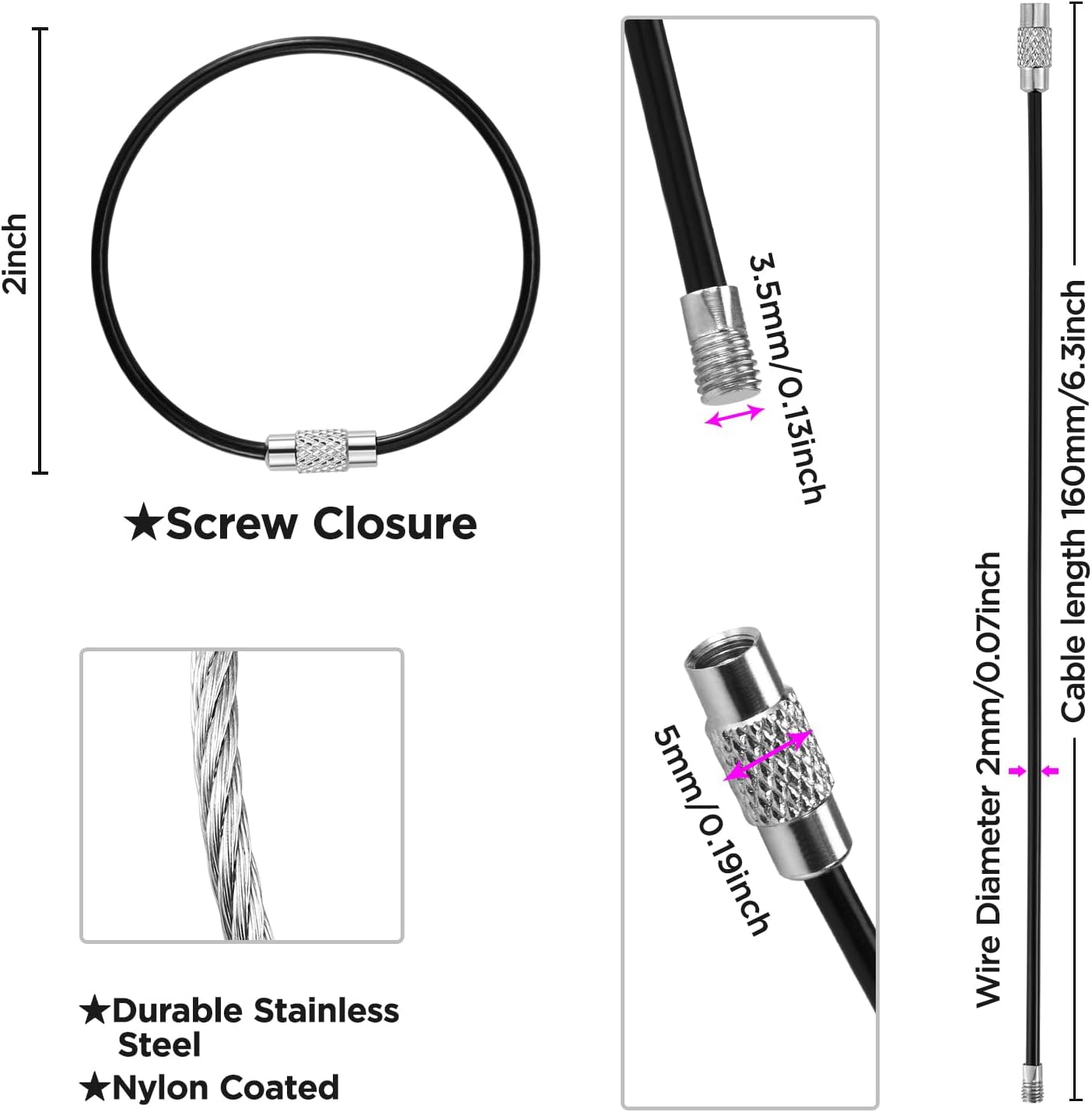 25-Pack Wire Keychain Cables – 16cm Nylon-Coated Stainless Steel Loops for Keys, Luggage Tags & More, Screw Lock, Silver - Image 6