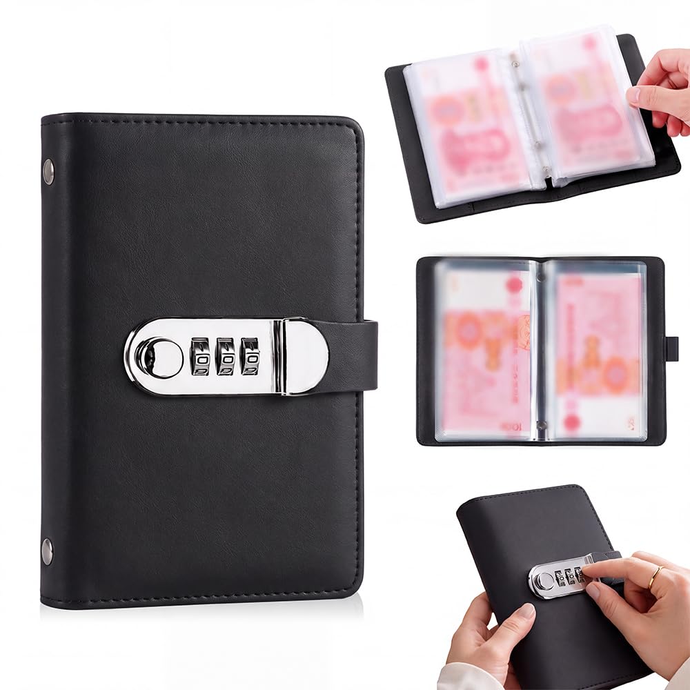 Lockable Savings Notebook, 2027 New Portable Cash Envelope Binder (Black)