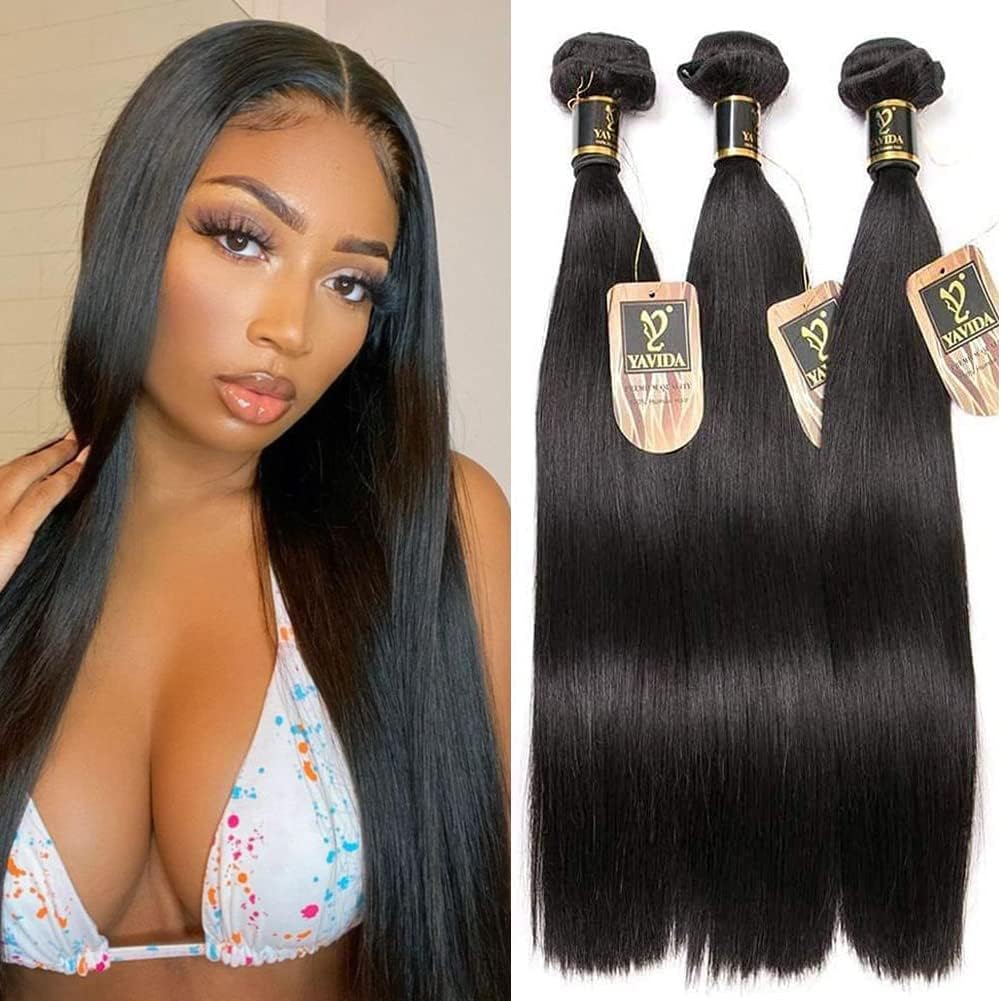 Yavida Brazilian Hair Straight Bundles 100% Unprocessed Human Hair Bundles Virgin Straight Weave Bundles 16 14 12 Straight Hair Weave Remy Human Hair Bundles Natural Black
