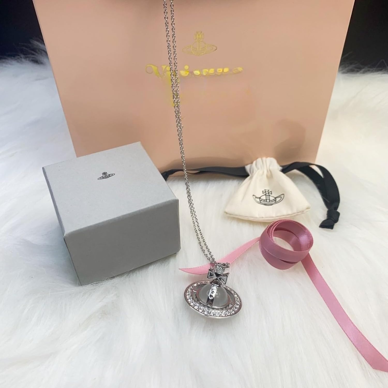 Saturn Necklace 3D Design Silver Long Titanium Steel Water Wave Chain with Glass Beads Premium Mysterious Planet Inspired Jewelry