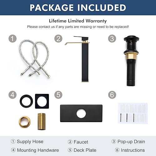 Miniatura 7 de Borlon Grifo de baño alto en cascada para 1 agujero, grifo de baño de una sola manija negro y dorado para fregadero de recipiente, moderno grifo de