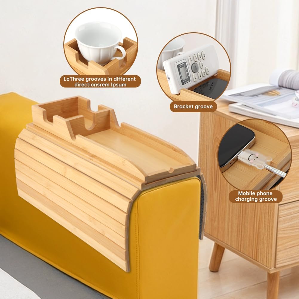 Bamboo Sofa Arm Tray - 2-in-1 Detachable Couch Cup Holder & Armrest Table with Anti-Slip Pad, Foldable Bamboo Tray for Drinks, Snacks, Phones, and Remote Controls - Image 8