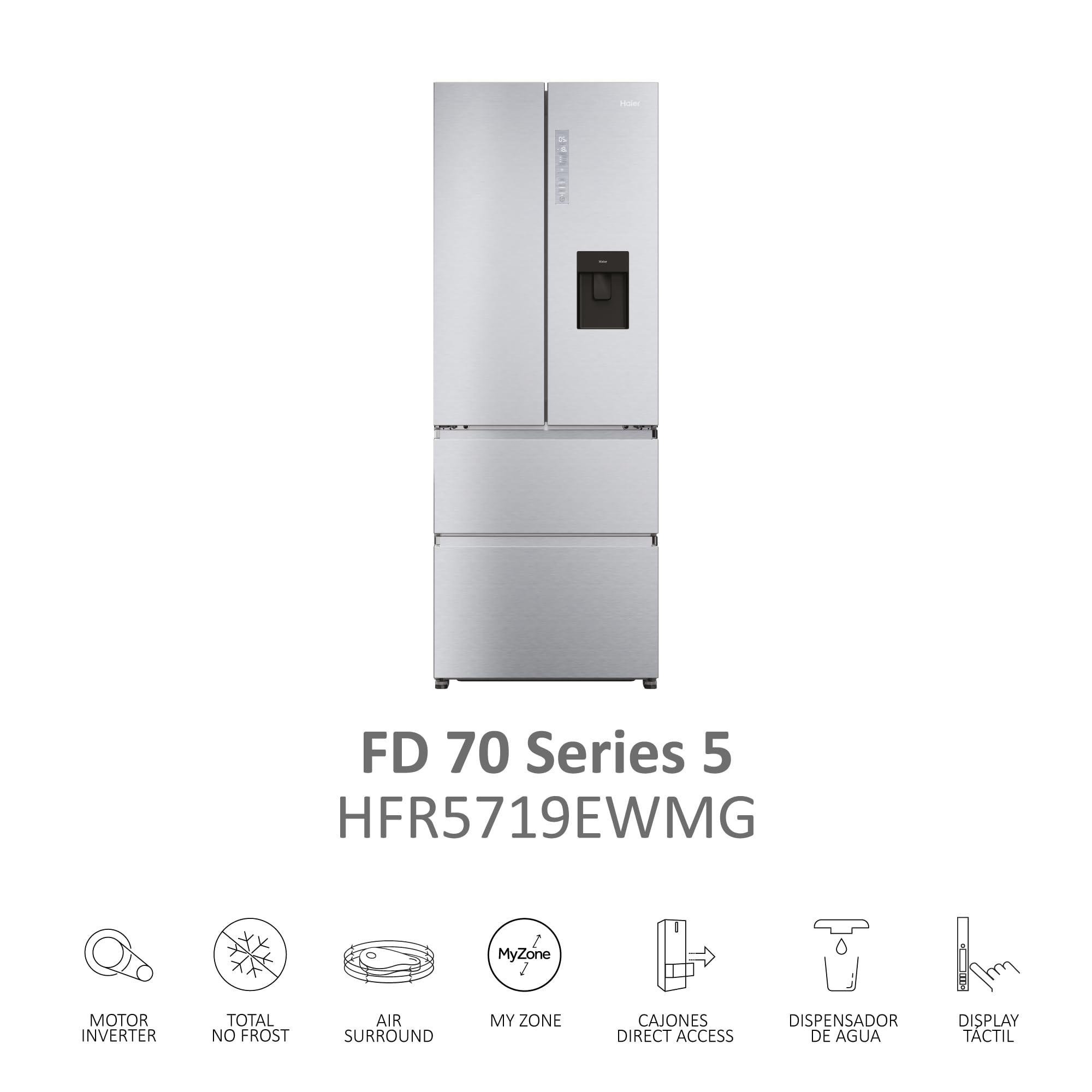 Haier French Door HFR5719EWMG Réfrigérateur/Congélateur/Total No Frost/Easy Access Tiroirs de congélation économise jusqu'à 30% d'énergie / 70 cm de large/MyZonePlus Distributeur d'eau avec