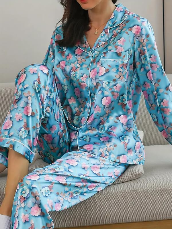 Image of Night Suit for Women with Full Sleeve Button-Down Top with Pant Dress for Woman, Night Dress for Woman, Cotton Two-Piece Loungewear Set