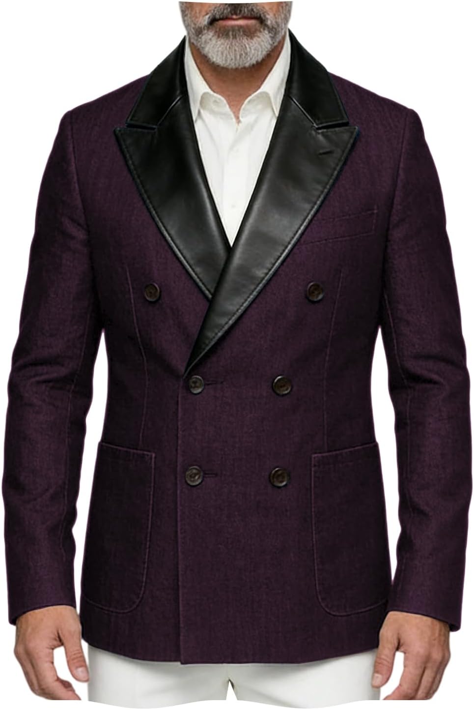 Men's Denim-Look Blazer Jacket PU Leather Peak Lapel Double Breasted Sport Coat