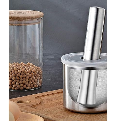Miniatura 3 de Mortero y mortero de acero inoxidable cepillado, trituradora de píldoras de especias resistente, con base antideslizante y agarre cómodo, se puede