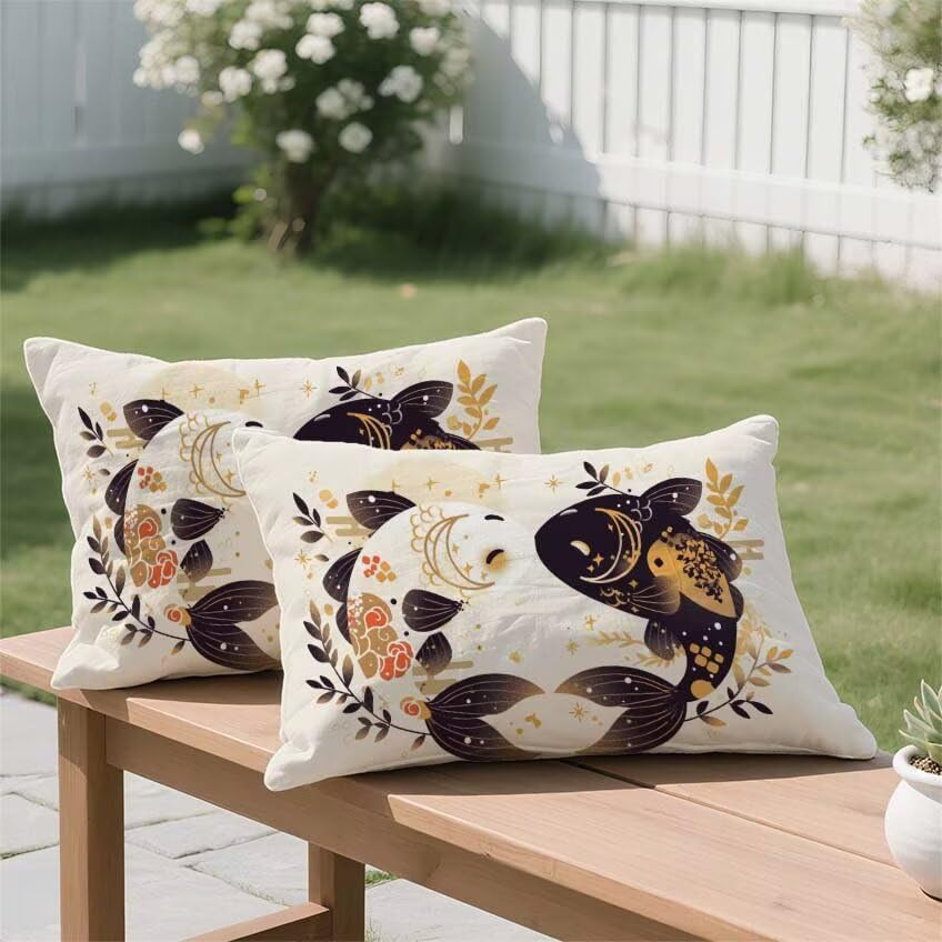 Housse coussin exterieur poisson 60x90cm en lin impermeable et decoration jardin - 3