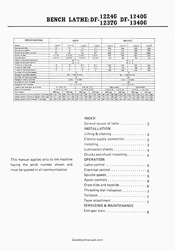 Miniatura 2 de Enco 92020, Busy Bee, REX-CUT DF-1224G 12x24 12x37 12x40 13x40 13x40 Tornos de metal Manual de instrucciones y piezas