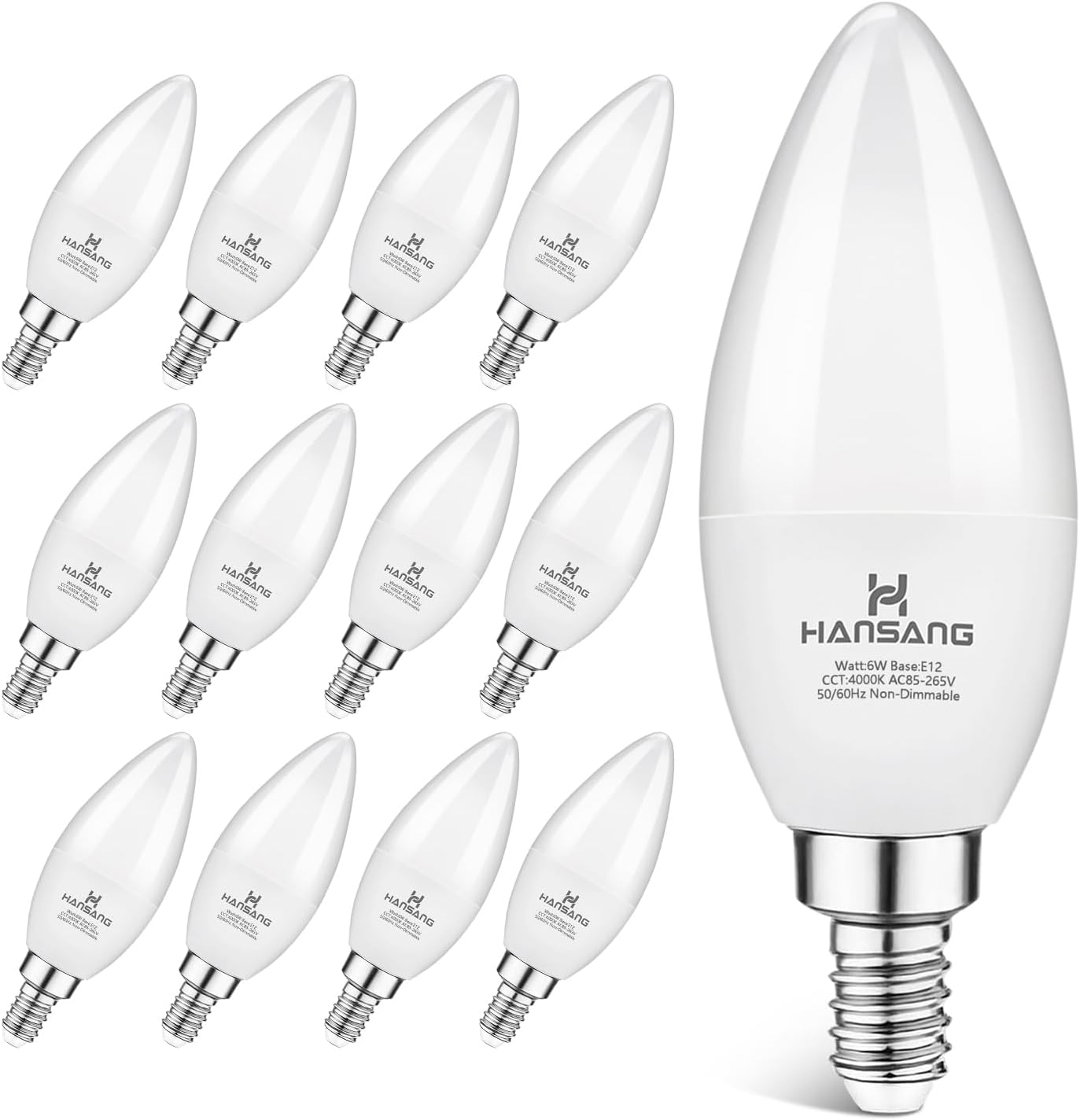 hansang 12 Pack E12 LED Candelabra Light Bulbs 60W Equivalent, 4000K Natural White, Chandelier Bulb Small Base, 600 Lumens CRI85+ 120V Type B Candle Light, 6W B11 for Ceiling Fan, Non-Dimmable
