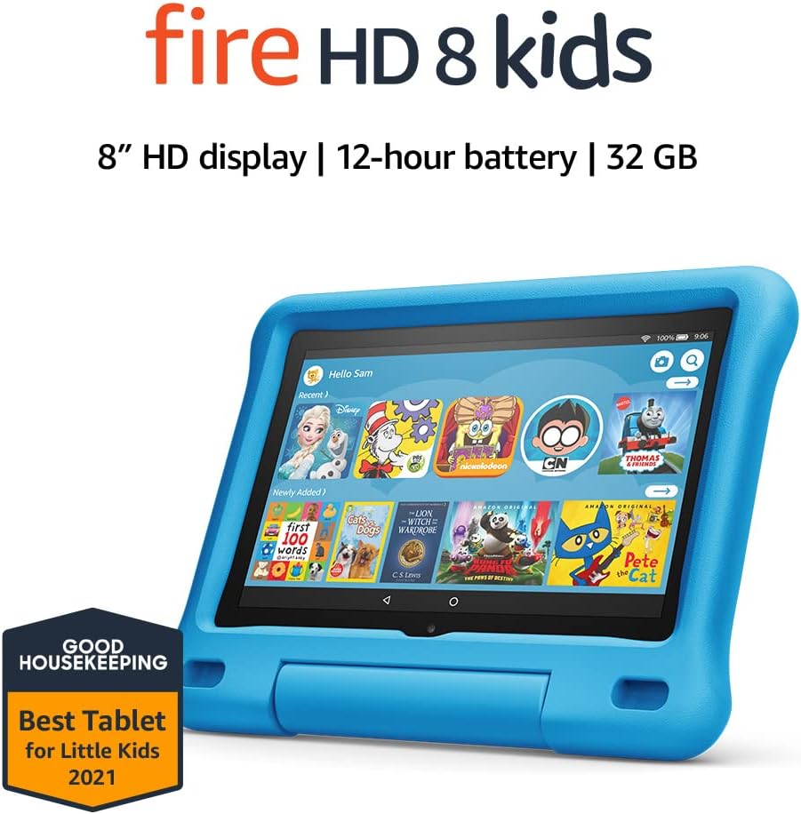 Fire HD 8 Kids tablet, 8" HD display, ages 3-7, 32 GB, includes a 1-year subscription to Amazon Kids+ content, Blue Kid-Proof Case, (2020 release)