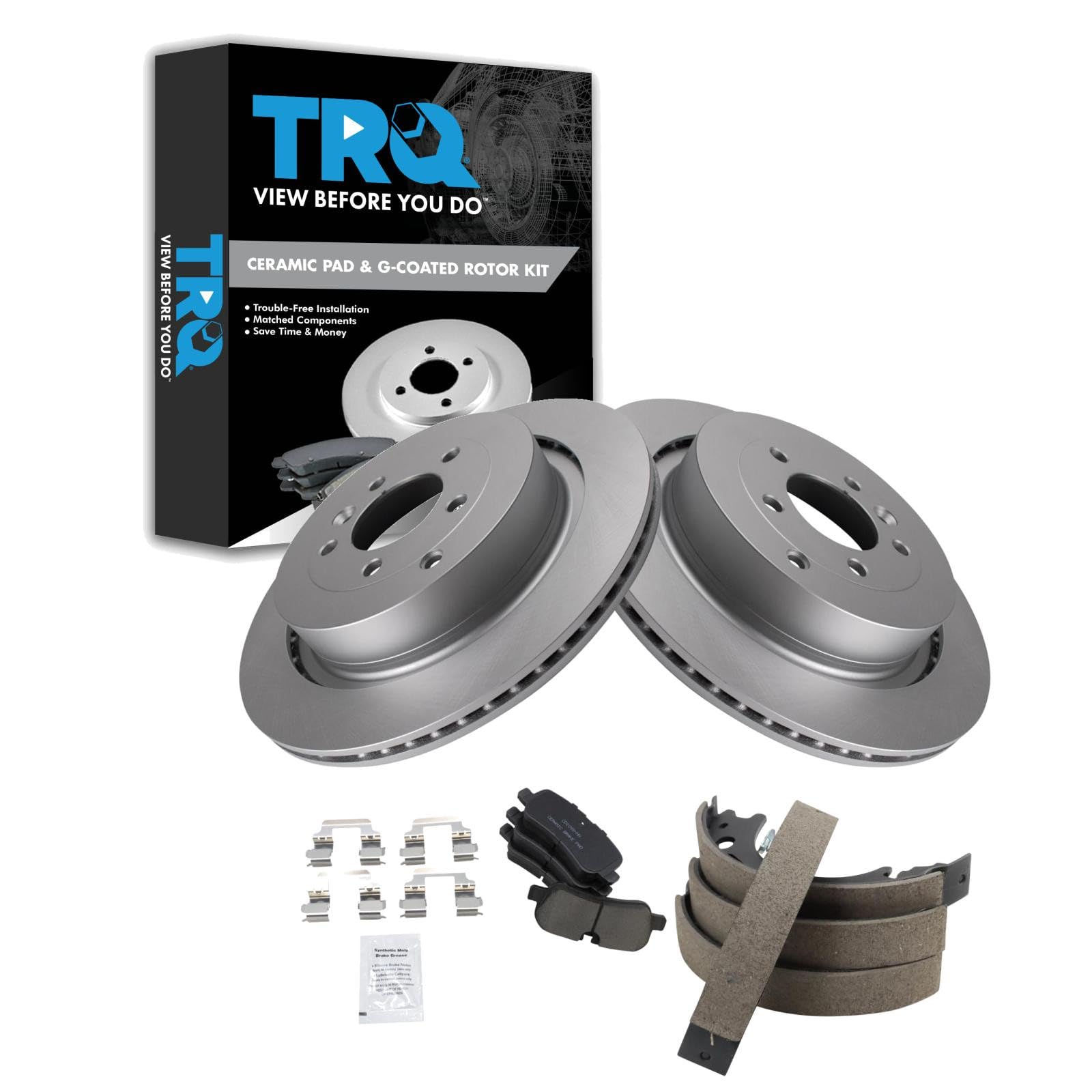 TRQ Rear Brake Pad and Rotor Set Ceramic G Coated Rotors Parking Shoe Compatible with 2005-2006 Land Rover LR3 2006 Range Rover Sport