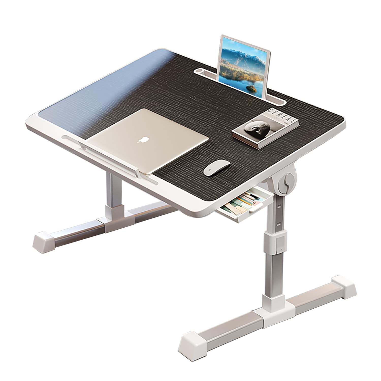 Laptop Bed Desk With USB Ports and Handle - Adjustable & Foldable Aluminium Tray With Drawer for Eating, Working, Writing on Sofa (60x40cm/23.62x15.74in) Black