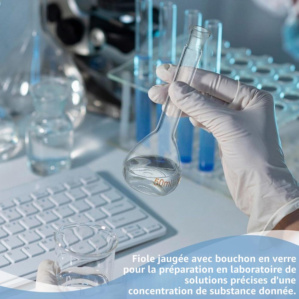 OLYCRAFT 4Pcs Fiole Jaugée 10 ml/25 ml/50 ml/100 ml Ensemble de Fiole Jaugée avec Bouchon en Verre Durabilité et Résistance Chimique Bouteille en Verre pour Projet D'école de Laboratoire