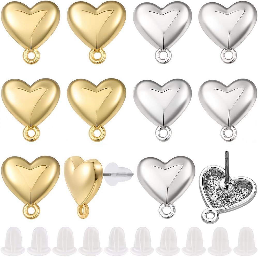 SUNNYCLUE 1 Box 20 Sets Post Earring Findings Earring Post with Loop Silver Gold Heart Ear Studs with 304 Stainless Steel Pins Plastic Ear Nuts for Jewellery Making Accessories Women Adult DIY Crafts