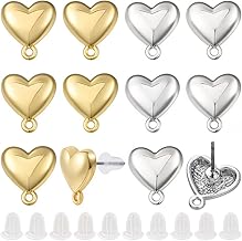 SUNNYCLUE 1 Box of 20 Sets of Accessories for Post Earrings, Hoop Earrings, Silver and Gold Heart Earrings with 304 Stainless Steel Pins, Plastic Nuts for