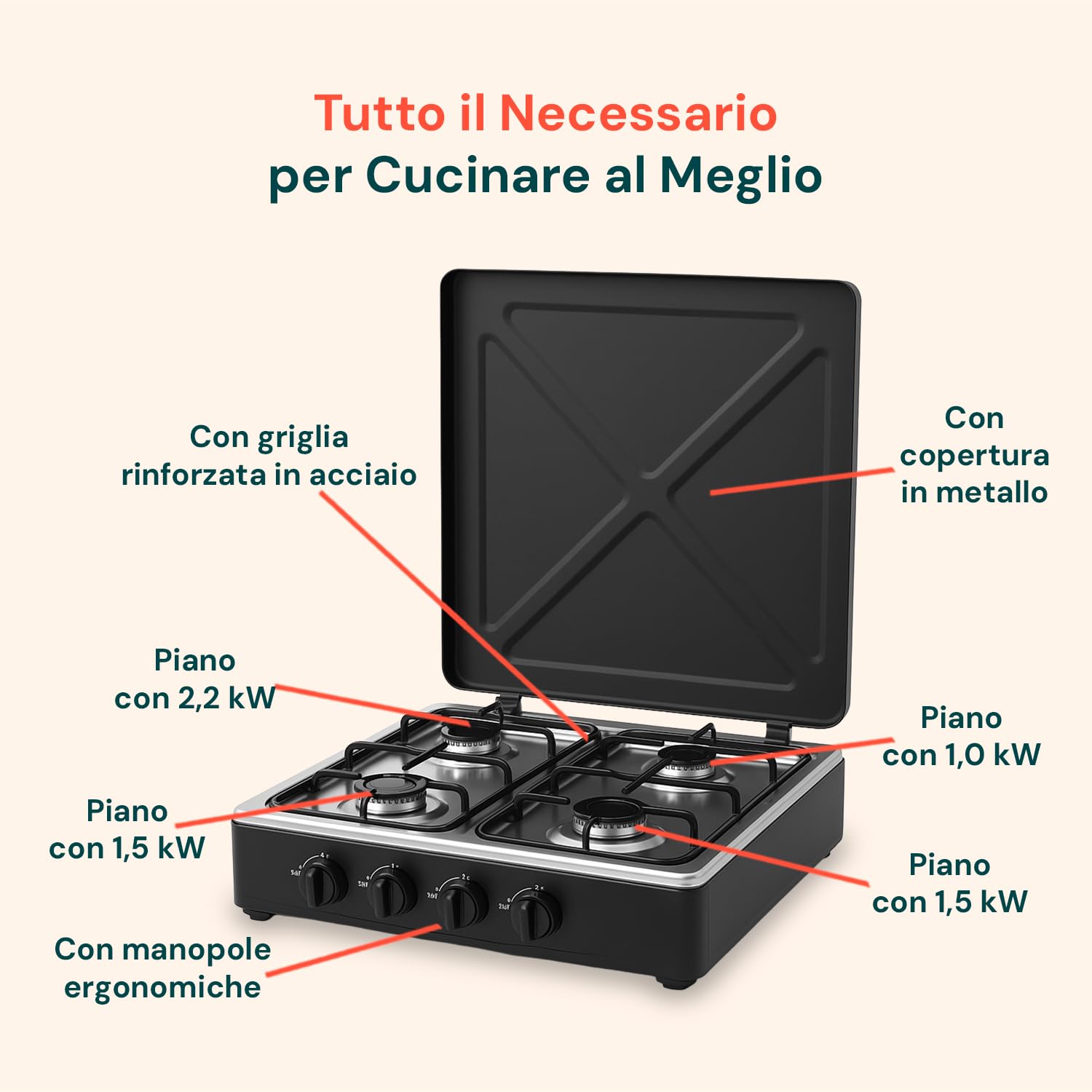 Avilia - Piano Cottura 4 Fuochi Gas Professionale con Griglia Rinforzata in Acciaio per Uso Interno ed Esterno, Facile da Usare, Ideale per Campeggio e Cucina Outdoor