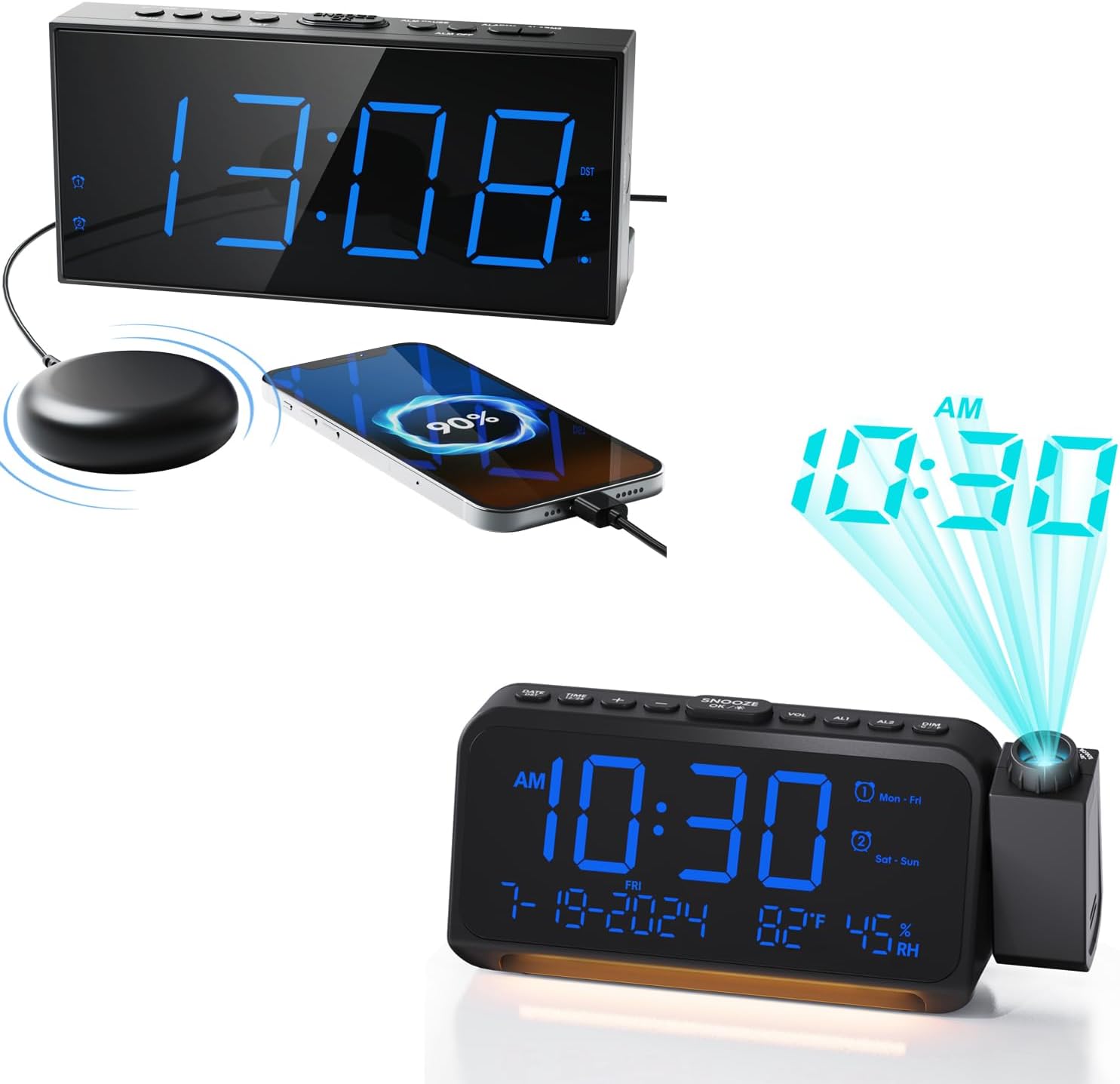 Roxicosly Bed Shaker Alarm Clock + Projection Alarm Clock
