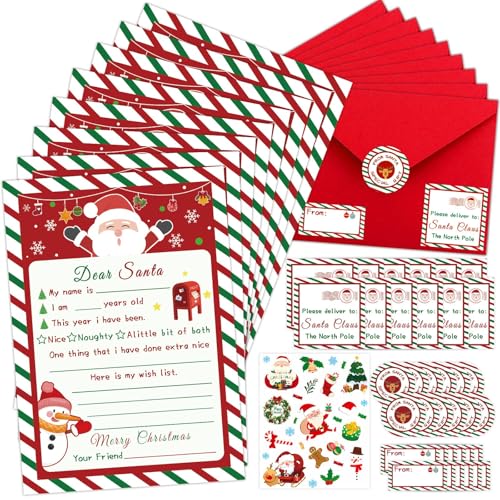 gyoyede 12 Set Letter to Santa Kit - Christmas Official Letter to Santa Writing Kit with 5x7Fill in The Blank Cards Stickers Red Envelopes Seals Address Labels for Christmas List Ideas