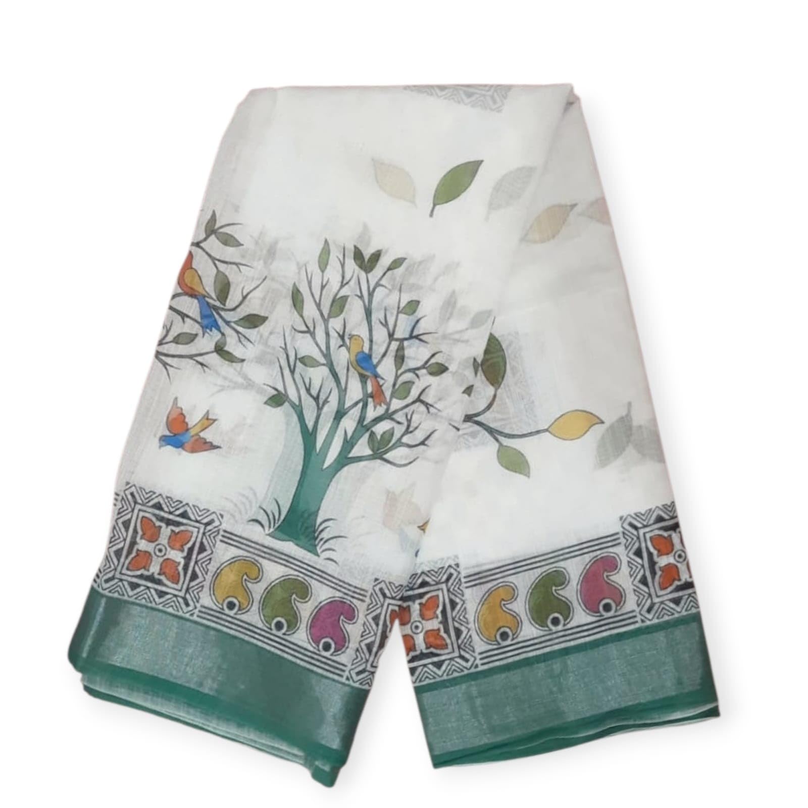 Digital Print Saree with Tree and Bird Design, Lightweight Fabric with Green Border, for Festive Occasions-picture-21