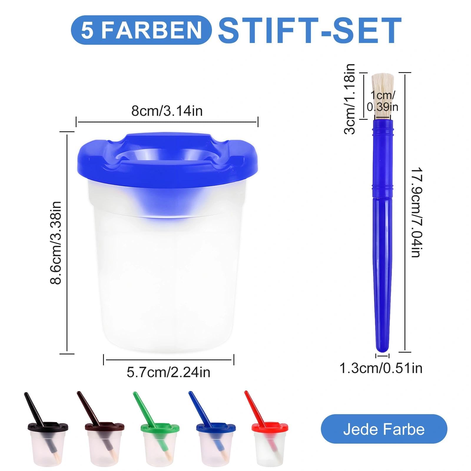 Juego de 5 vasos de pintura con tapa, cinco vasos de pintura a prueba de fugas con tapa y juego de 5 pinceles a prueba de fugas, ideal para acuarela y manualidades