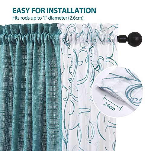 Aufenlly 2 Embroidery Floral Semi Sheer Curtains And 2 Burlap Teal Curtains For Window Curtains 4 Panels Sets Curtains For Living Room Curtains 84 Inches Long (Brittany Blue, W27.5Xl84 Inch Each) #TOP6