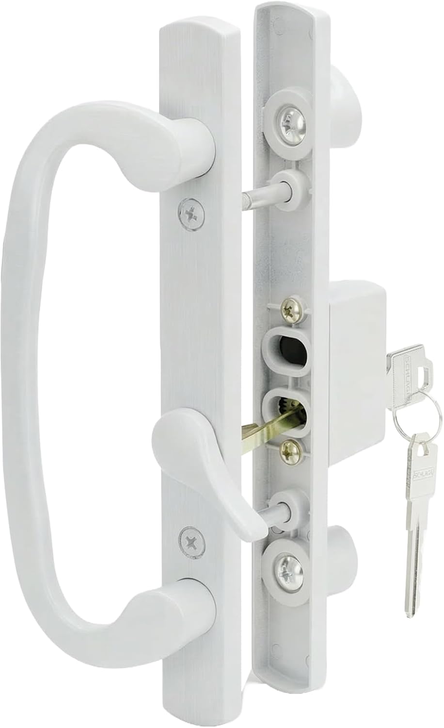 8.5" Legacy Sliding Patio Glass Door Offset Latch White Handle Set with Keys - Sash Controls 2265 Keyed Lock - Fits 3-15/16" Screw Hole Spacing and 1-1/4" to 2-1/4" Door Thickness
