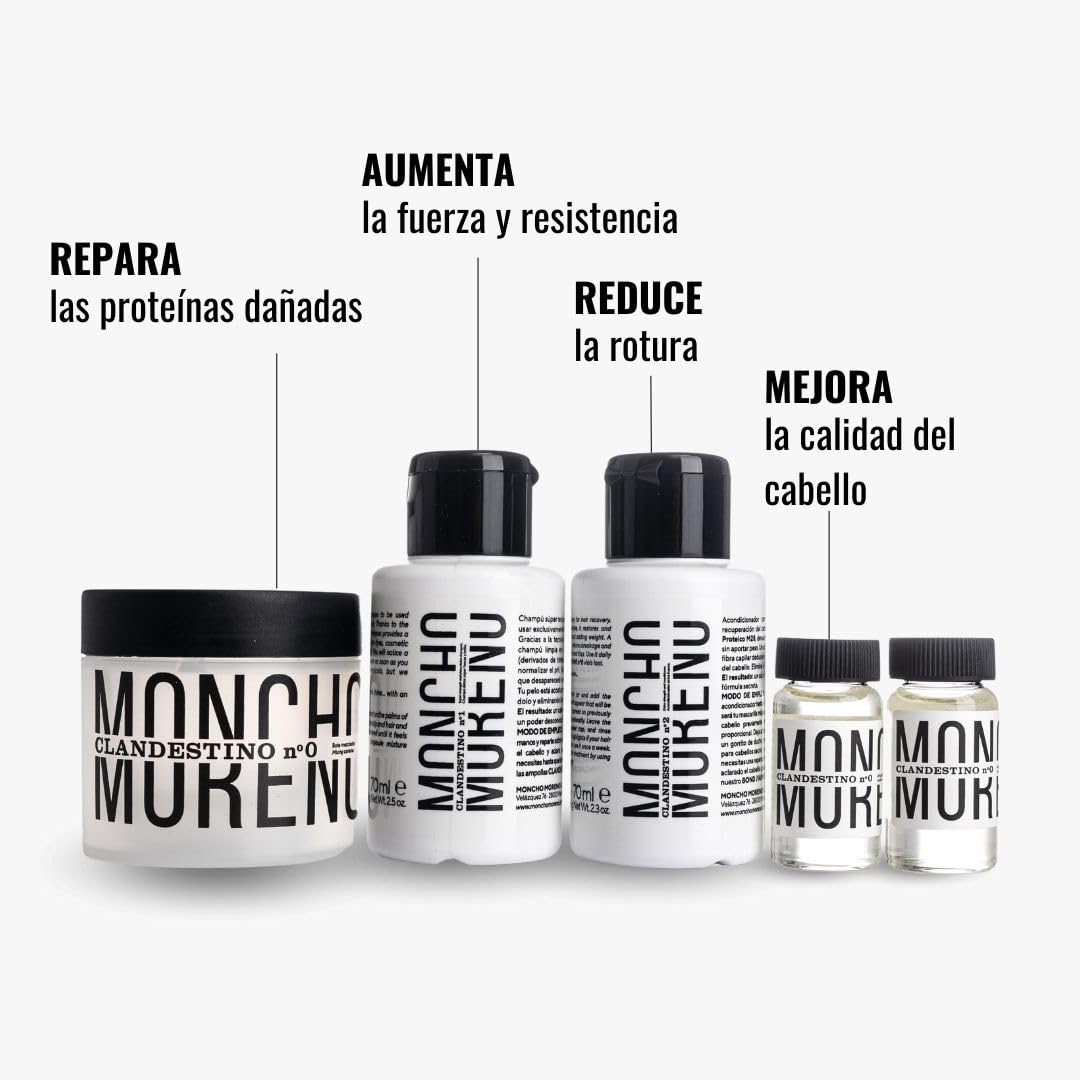 MONCHO MORENO Clandestino Duo - Set Reparación Capilar Intensivo Antirotura | Sistema Profesional en 3 Pasos, Para Cabello Dañado, Seco y Fino, Champú + Mascarilla + Ampollas