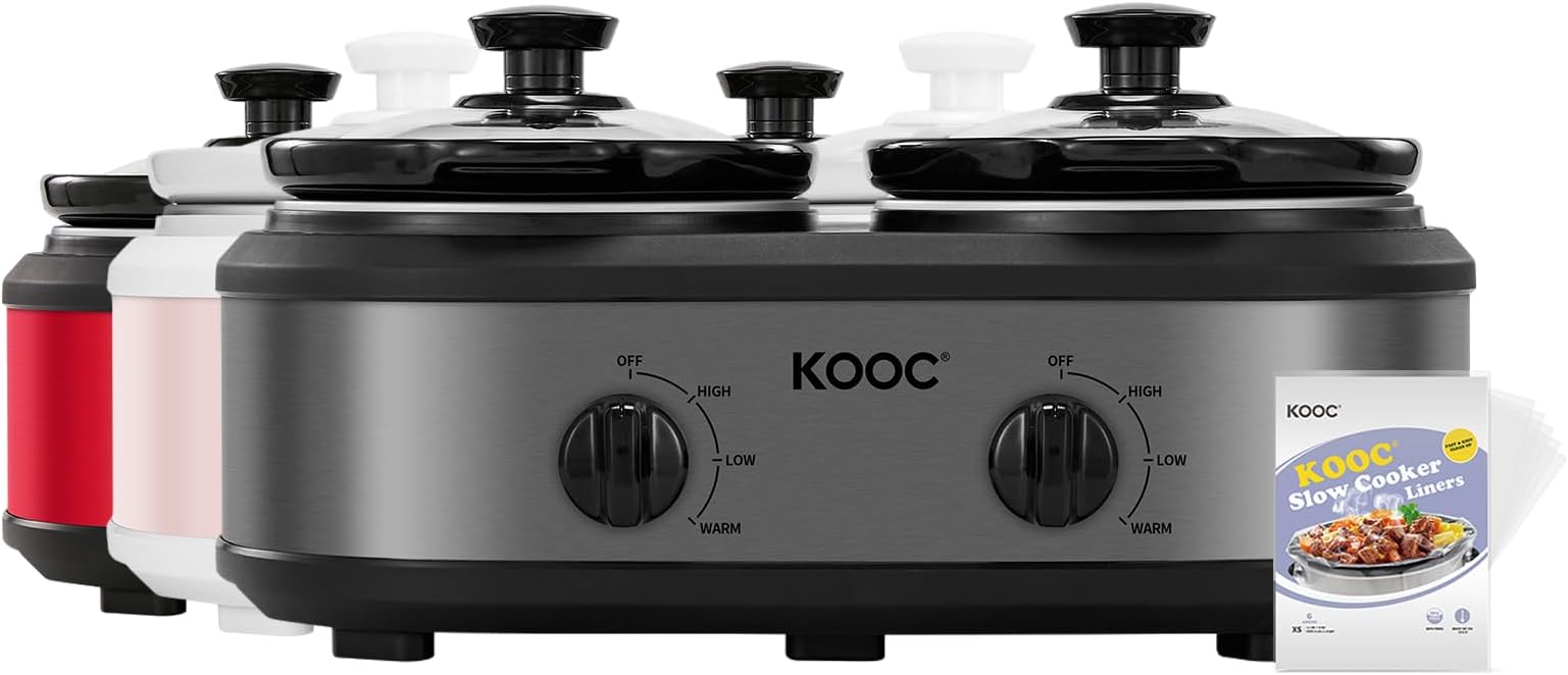 KOOC Double Small Slow Cooker, Buffet Server and Warmer, 2 Mini Pots with 3 Individual Adjustable Temp, Dual Ceramic Pots, Free Liners for Easy Clean-up, Stainless Steel, Total 2.5 Quart, Grey, Round