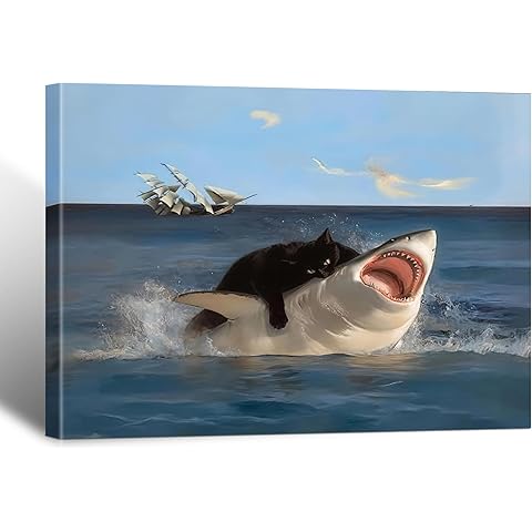 BFKDKG Framed Black Cat Wall Art, Abstract Black Cat Shark Poster, Funny quirky cat and shark pictures canvas prints Wall Decor for Room Bedroom Living Room Bathroom 12x16in