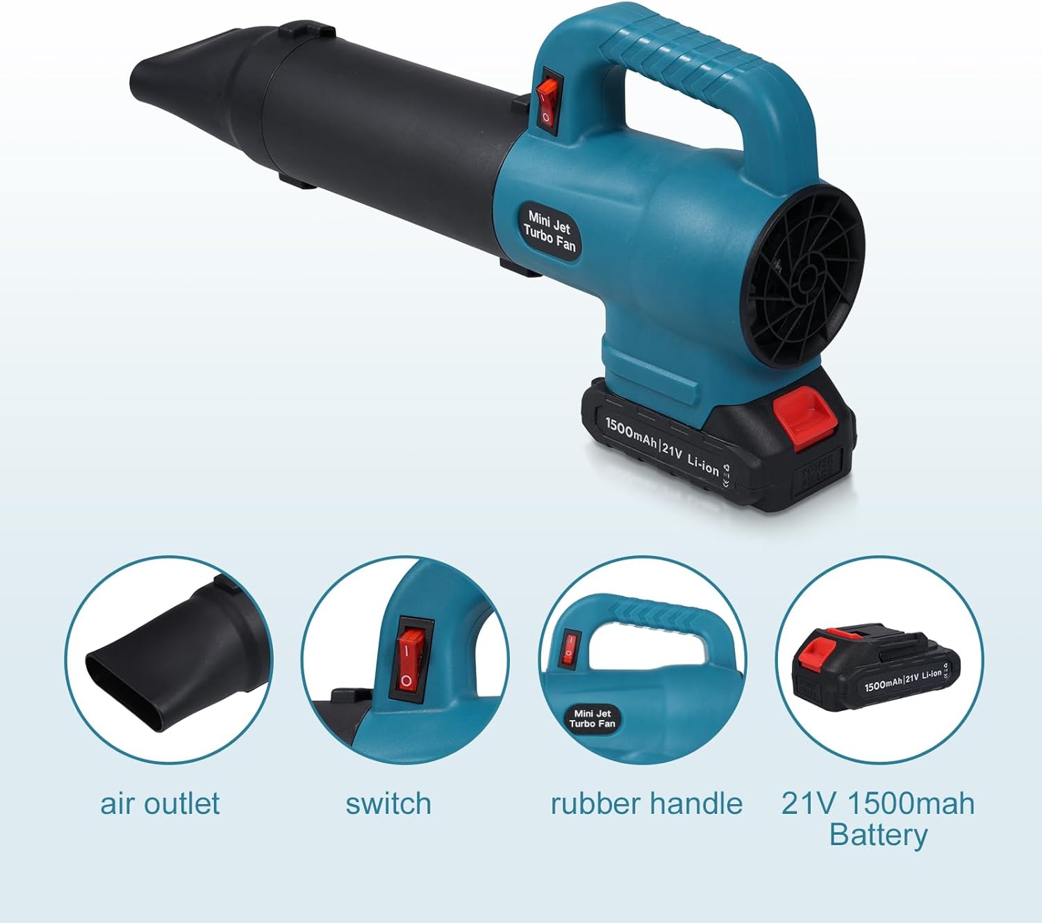 Jet Fan Blower 35000rpm Cordless Jet Dry Air Blower with 21V 1500mah Battery 3 Extension Nozzle Accessories for Car ing, Home Dust, Remove Snow of Car Body-One Key Switch, US Plug