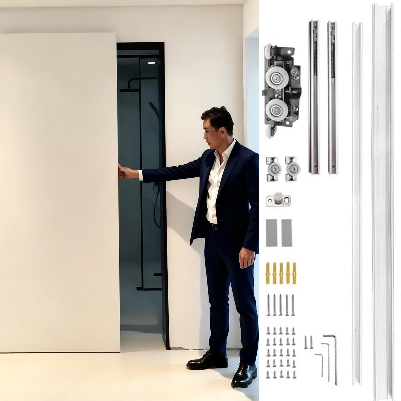 Zestaw okuć do drzwi przesuwnych – niewidoczny system drzwi do stodoły, bez szyny, pasuje do 79-180 cm (4,2 ft/128 cm) - idealny do kuchni i sypialni, łatwy montaż, nowoczesny design
