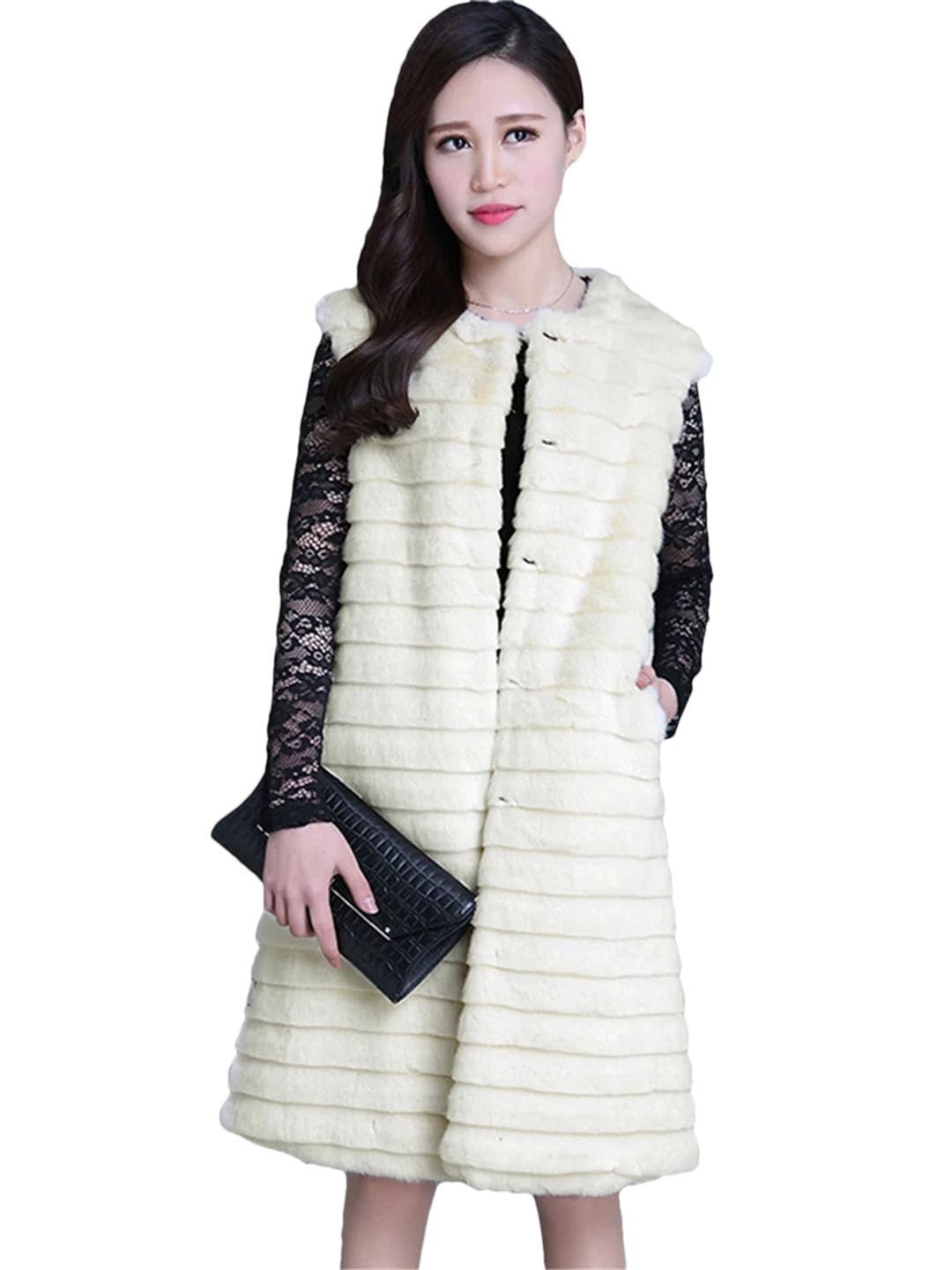 Gilet da donna beige lungo e soffice pelliccia sintetica gilet donna a righe senza maniche beige XXL, Beige, XXL