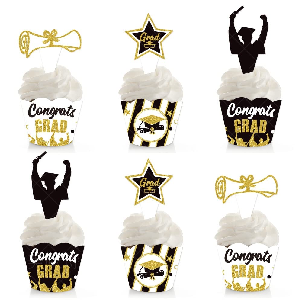 YzYbuaegoSet of 24 Black and Golden Cupcake Wrappers and Cupcake Toppers for 2023 Graduation Party, Congrats Grad Party Supplies Cake Decorations
