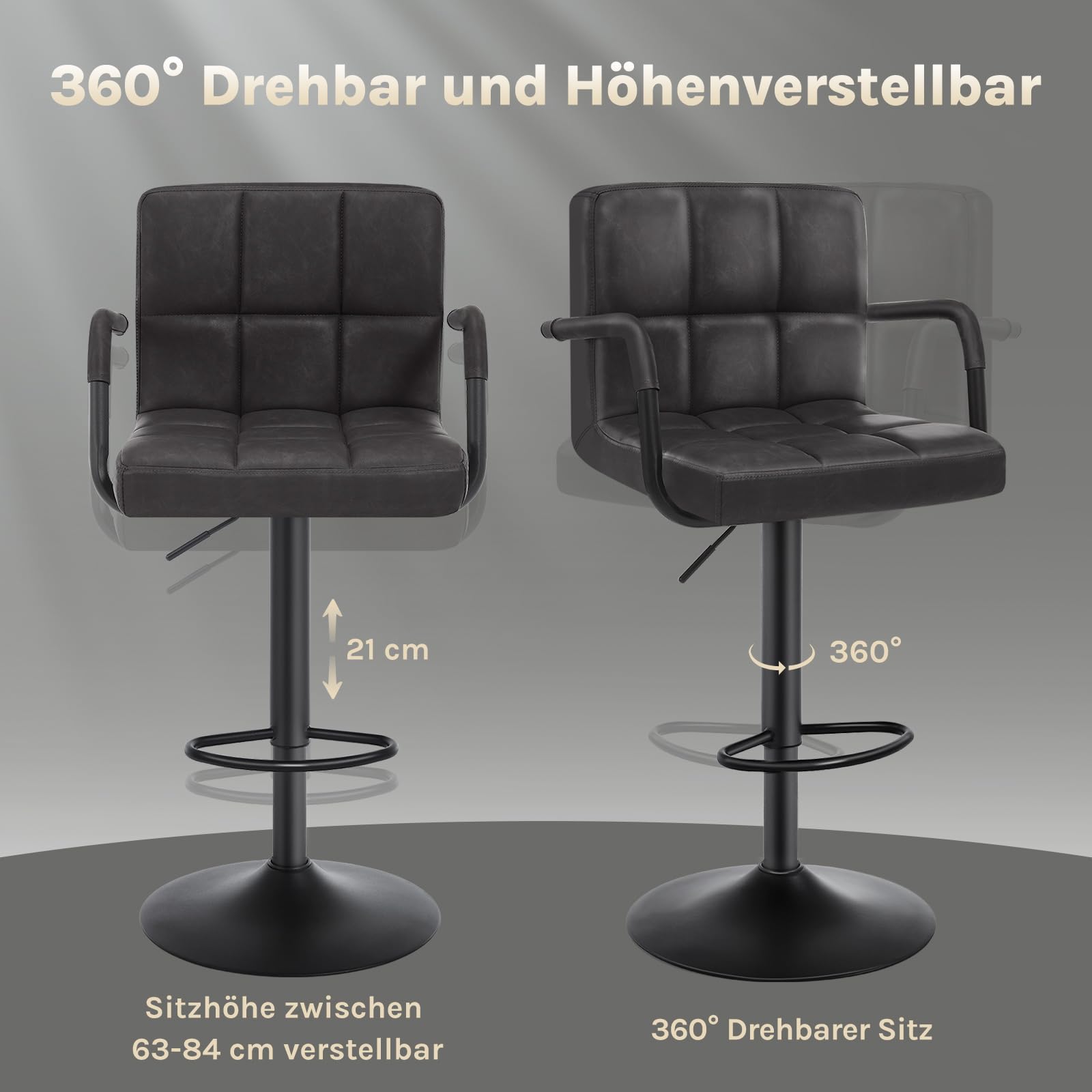 WOLTU Barhocker 2er Set Barstuhl Tresenhocker Bistrohocker Designer Hocker mit Rückenlehne, Kunstleder in Antiklederoptik höhenverstellbar drehbar Stahl Anthrazit