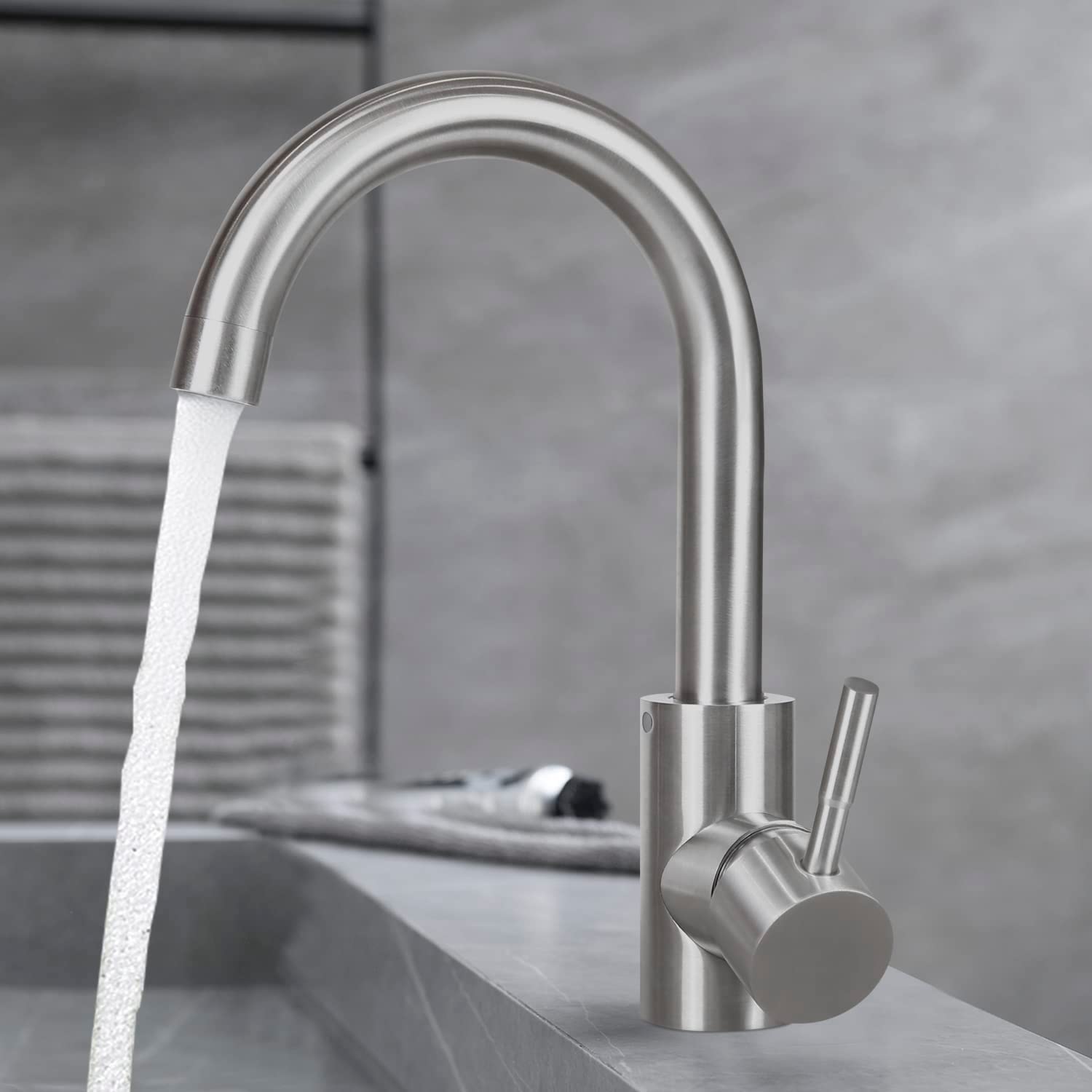 Grifo de cocina de acero inoxidable con caño C de 165 mm, grifo de baja presión, mezclador de agua caliente y fría, monomando para lavabo (cromado)
