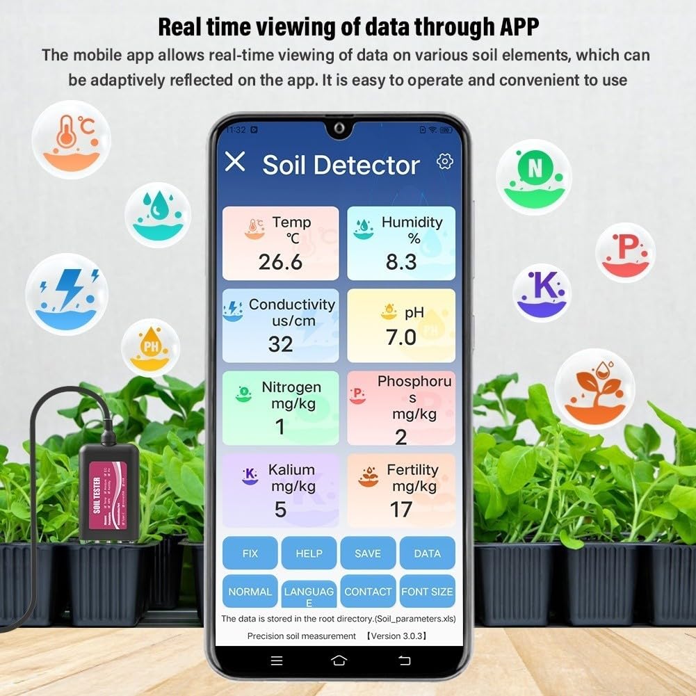Medidor de Suelo para Jardín, Analizador NPK pH Humedad Temperatura, Sensor para acero Inoxidable IP68, para herramienta para profesional 140mm