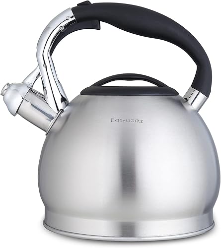 Easyworkz Hervidor de té silbante de acero inoxidable de grado alimenticio con silbato fuerte, 2.4 cuartos de galón (2.3 l)