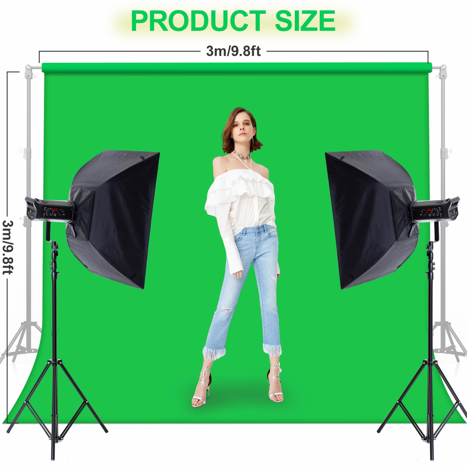 Toile de Fond Vert, 3 m × 3 m Fond Vidéo Vert, Fond d'Écran Vert Renforcée et Épaisse avec 4 Pinces de Fixation pour Photographie, Diffusions en Direct et Enregistrements Télévisés