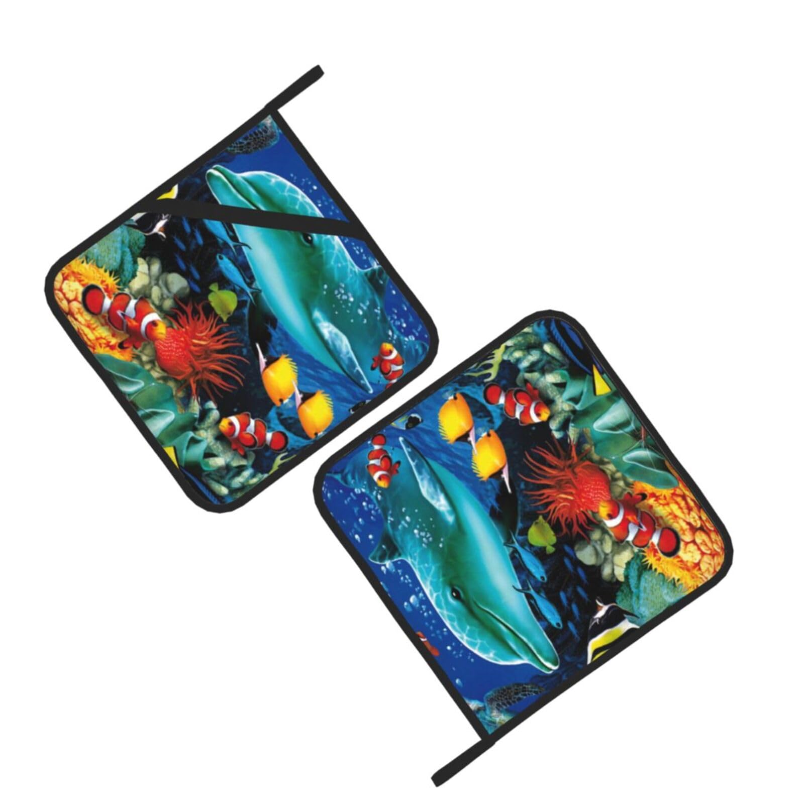Tropical Fish Dolphin Coral Undersea Printed Oven Pot Holders Set of 2 Pcs Heat Resistant Kitchen Microwave Potholders for Cooking Baking Grilling