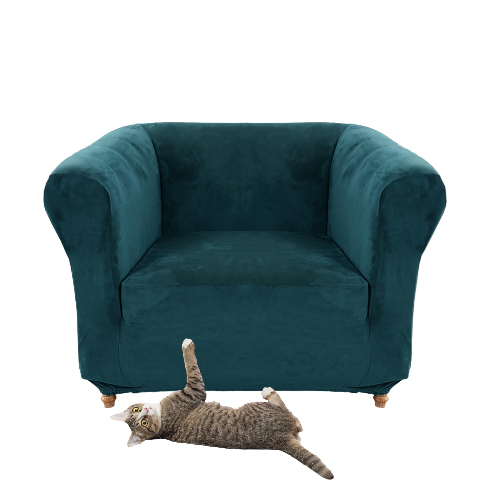 Stretch Velvet Chesterfield Sofa Cover Couch Cover with Seat Cushion Curved Chaise Armchair Vintage Style (Dark Teal Chair)