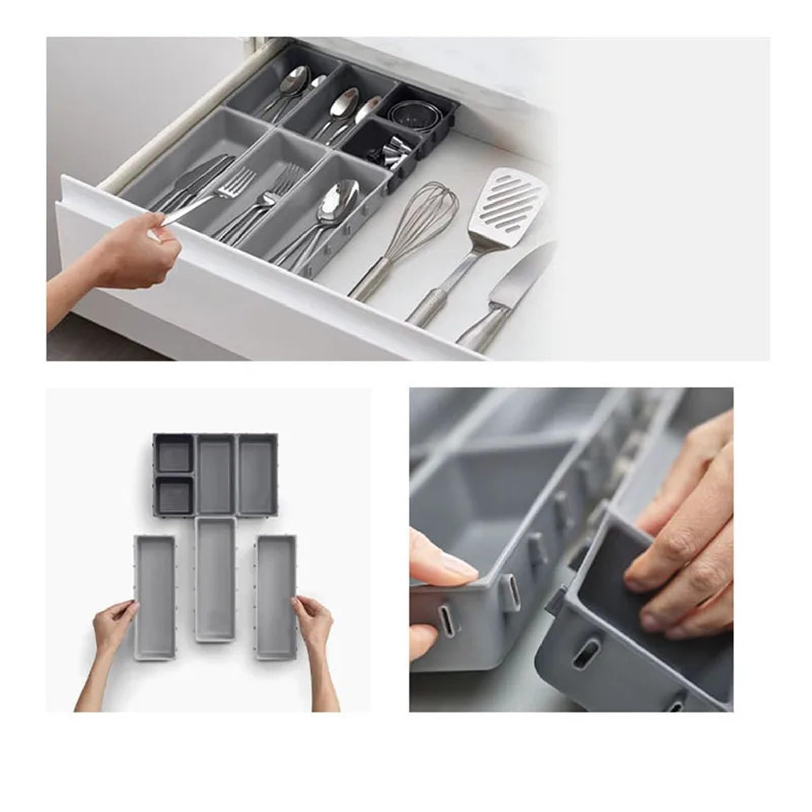 Portaposate da Cassetto Contenitore portaoggetti da cucina for cassetto, 7 pezzi, organizer for posate, combinazione libera, separato, multifunzione, articoli vari, cancelleria, vassoio scrivania
