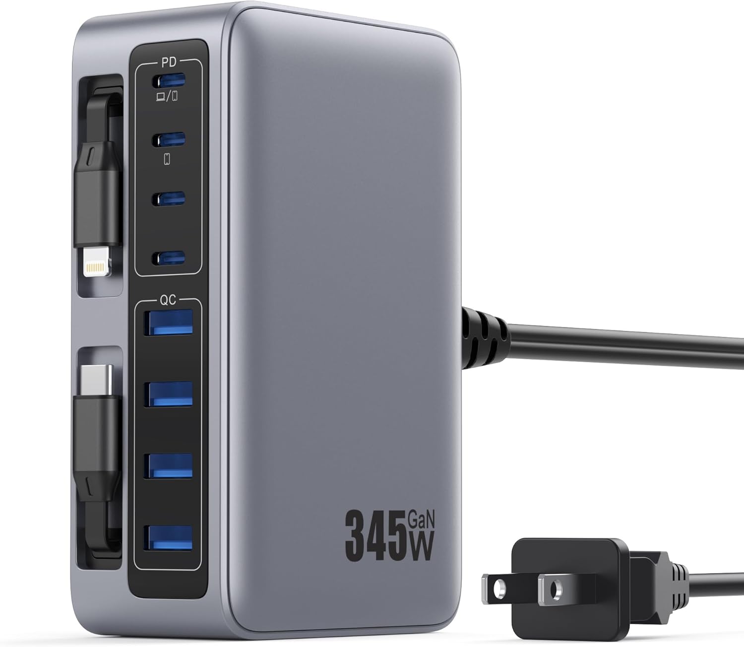 Product image of 345W USB C Charger Block with 2 Built-in Retractable Cables,10-in-1 GaN IV USB C Charging Station,PD 65W Laptop Charger Power Adapter for MacBook Pro/Air,DELL,iPhone17/16/15/14,Galaxy S24,Android etc