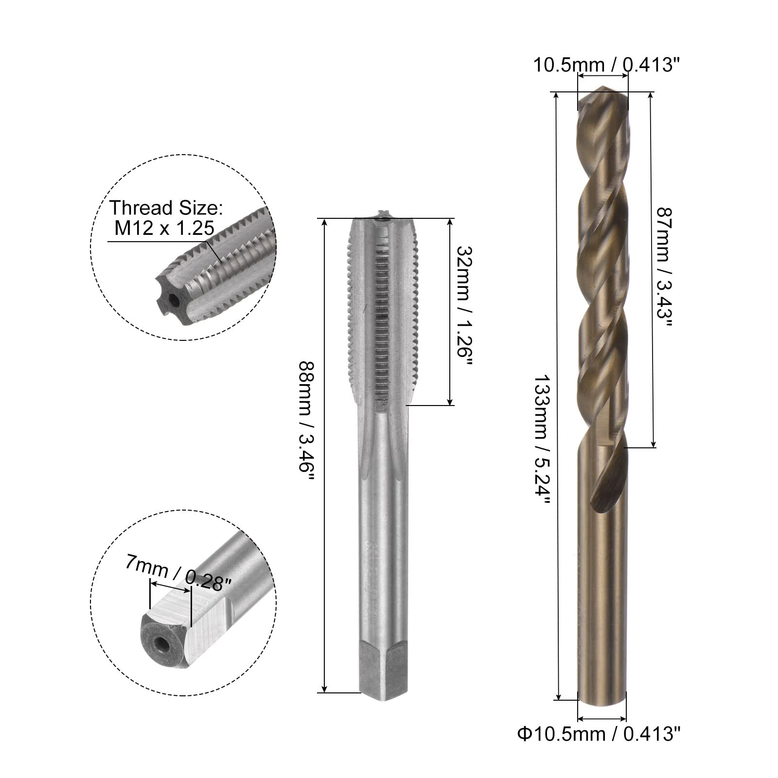 Set di Maschi e Punte, Maschio per Filettatura a Macchina con scanalatura Dritta M12 x 1,25 H2, Punta elicoidale per Trapano in Acciaio rapido al Cobalto (HSS-CO) da 10,5 mm M35