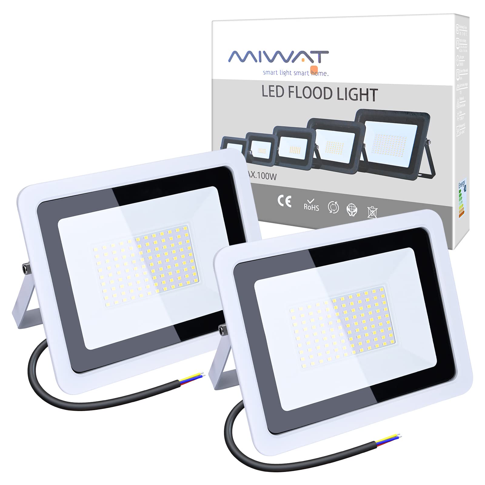 (2 Pack 220V LED Flood Light,Cool White, IP68 Waterproof Super Bright Security Lights, Outdoor Floodlight for Yard, Garden, Playground, Basketball Court [Energy Class A+] (100W)