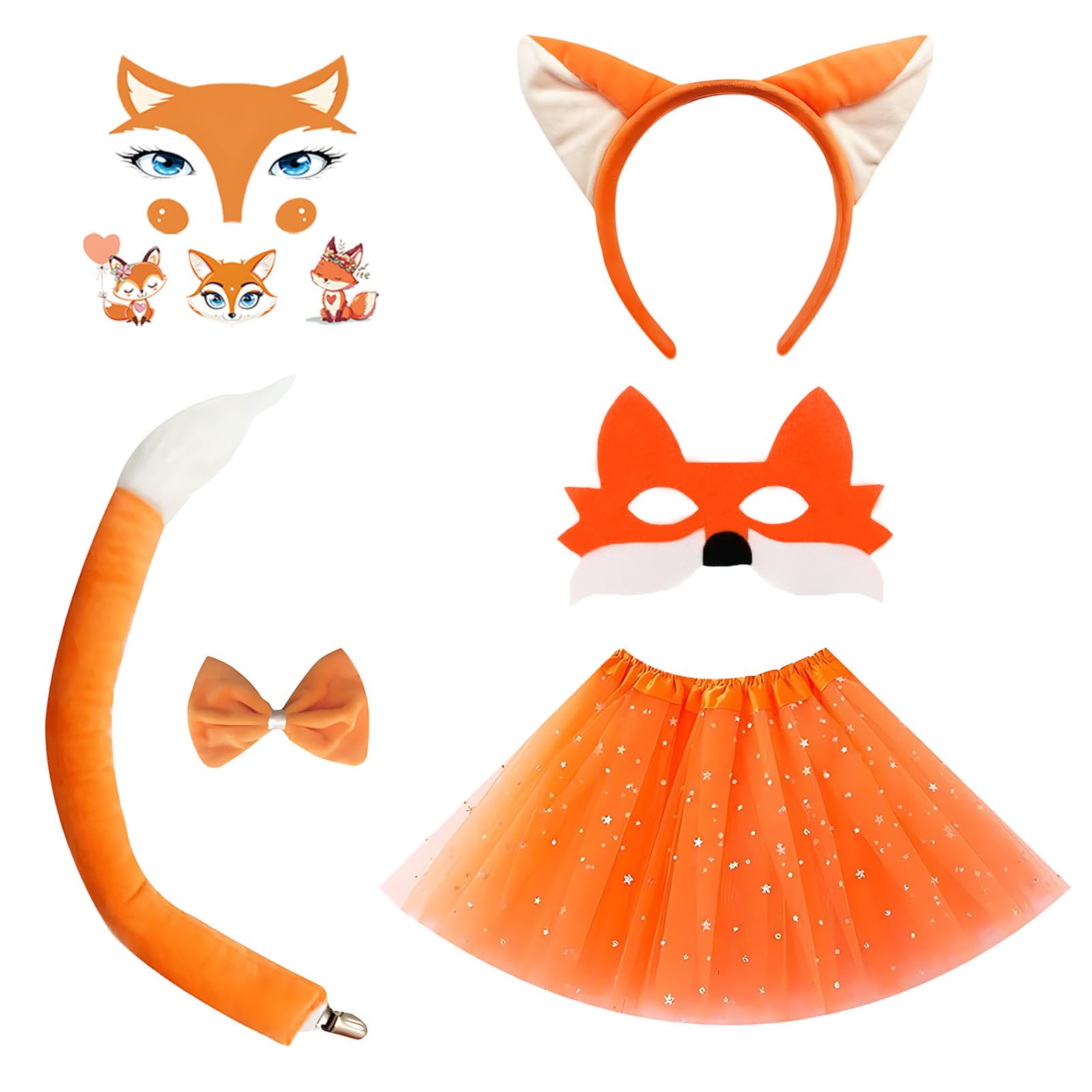 WanderGo Fox Costume Dress Up Set, 6Pcs Fox Ears and Tail Mask Bow Tie Stickers Orange Tutu Skirt Kids Animal Fancy Dress Outfit Halloween Cosplay Party Accessories