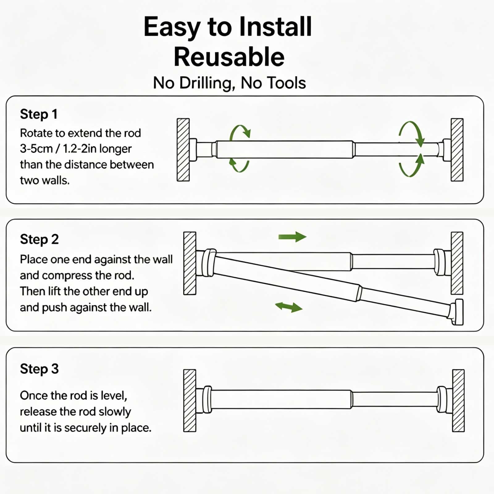 Barre Rideau Extensible Sans Perçage de 50 à 260 Cm, Tringle de Douche Diamètre 25 Mm pour la Maison, la Salle de Bain et le Dressing, Antidérapante(Black,110-200cm/43-79in)