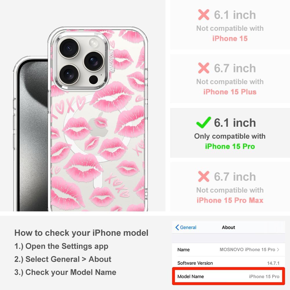 MOSNOVO for iPhone 15 Pro Case, Compatible with Magsafe, Shockproof Military-Grade Protection 6.6ft Drop Tested, Magnetic Clear Phone Case for iPhone 15 Pro, XOXO Kisses Design image 2